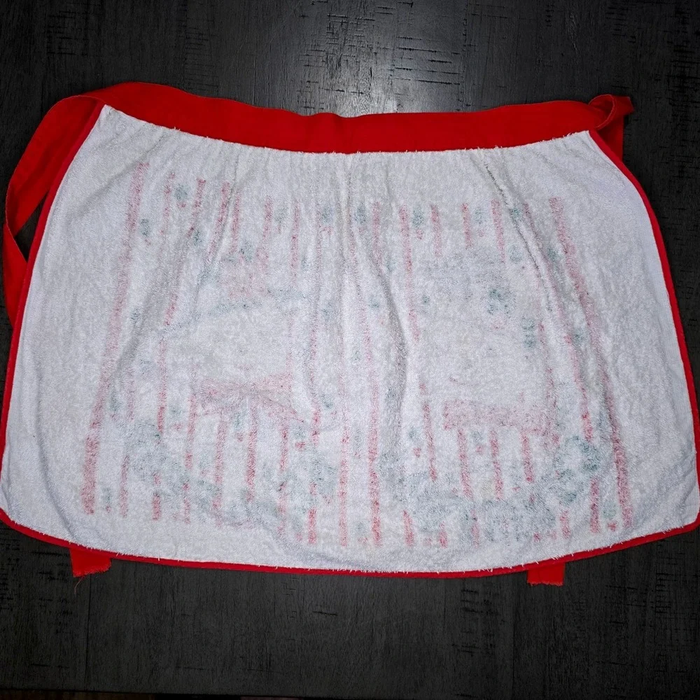 Vintage Christmas Terry Cloth Half Apron Snowmen Red White Waist Tie
